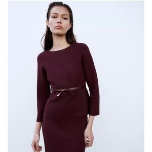 ZARA BELTED KNIT TOP MAROON. Size XL.